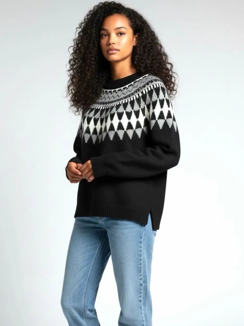 MILLY Nordic Yoke Sweater Fair Isle Black Gray White Wool Mohair S